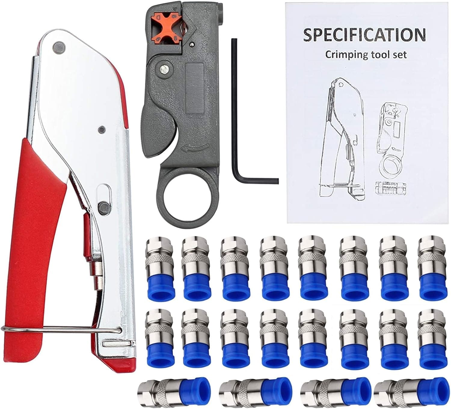Rpuomtz Coax Cable Crimper, Coaxial Compression Tool Kit Wire Stripper with 20pcs-Blue F RG6 RG59 Connectors