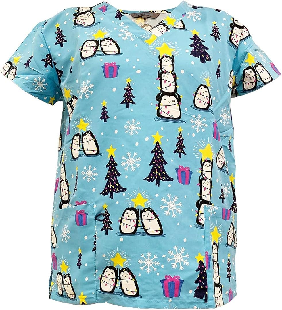 Womens V-Neck Ultra Soft Microfiber Halloween Christmas Holiday Medical Scrub Top