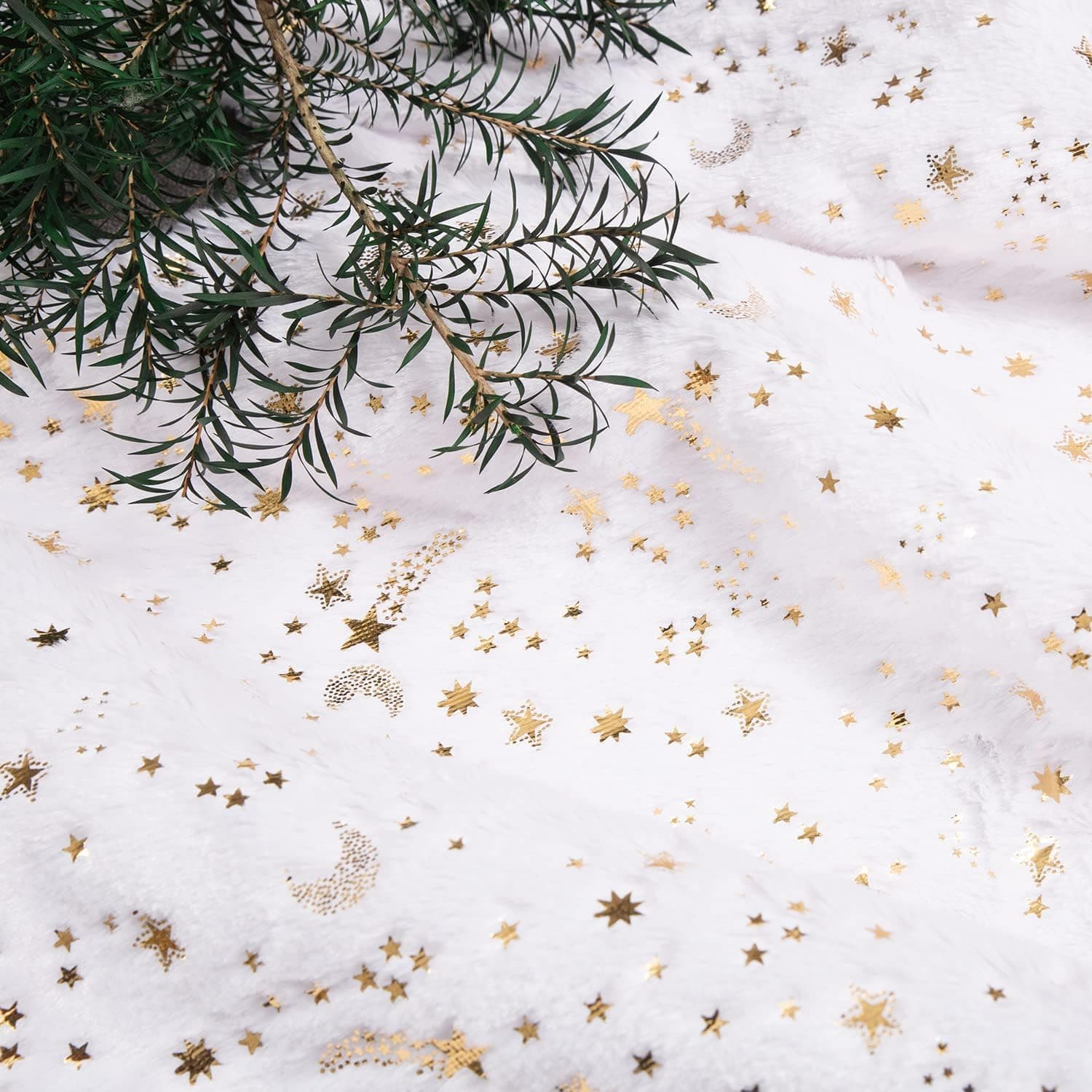 Acdoslow Christmas Tree Skirt 30" 36" 48" White Luxury Faux Fur Tree Skirt Stars Plush Tree Skirt for Christmas Tree Pencils Tree 906/Gold/78
