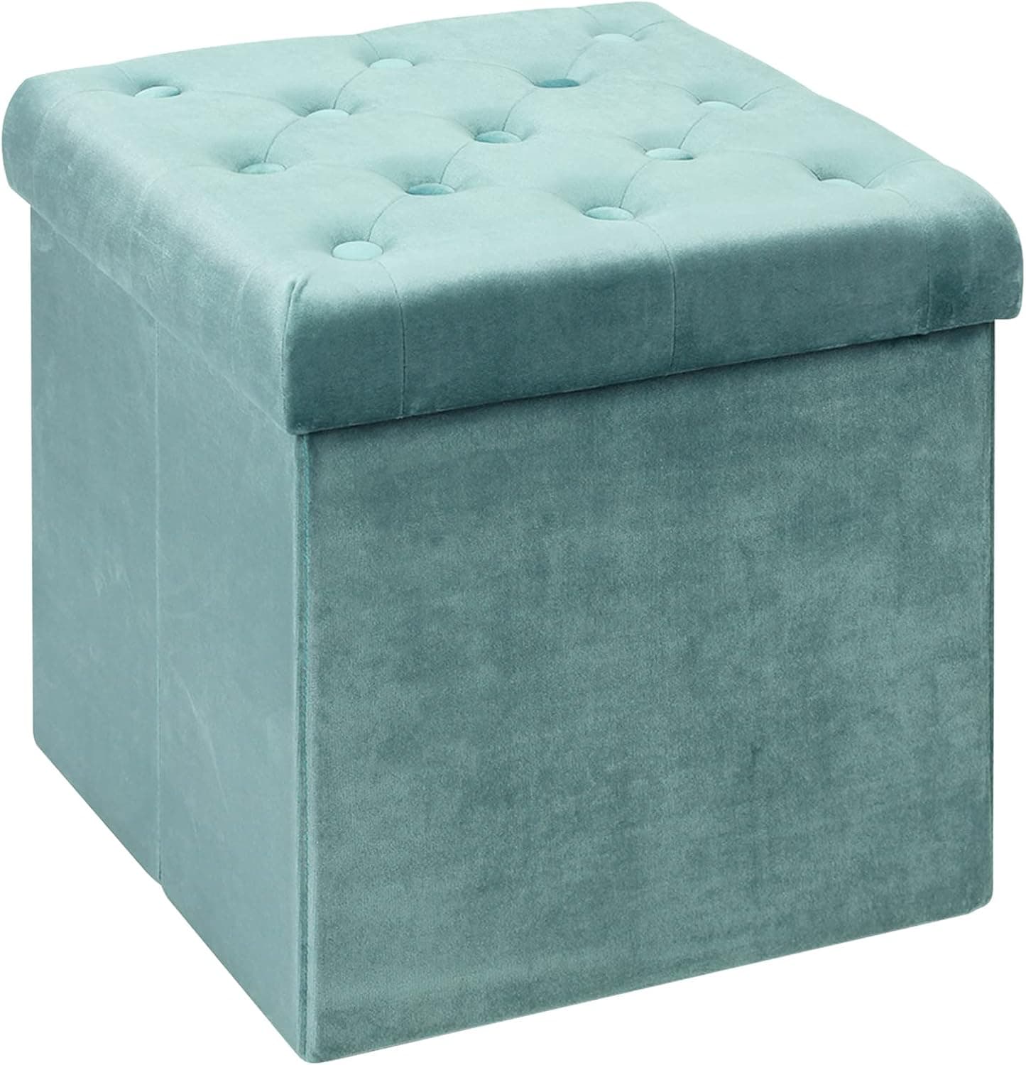 B FSOBEIIALEO Storage Ottoman Cube Velvet Tufted Folding Ottomans Footstool Rest Seat with Removable Lid (Teal, Medium)