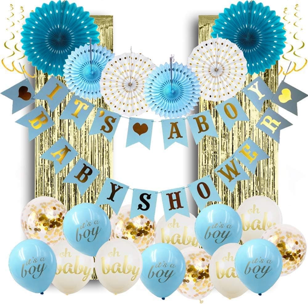 PartyPackz Baby Shower Decorations for Boy; Its a Boy Baby Shower Hollow Paper Fan Balloons Banner Gold Foil Fringe Curtain Kit for Baby Shower Party Decoration