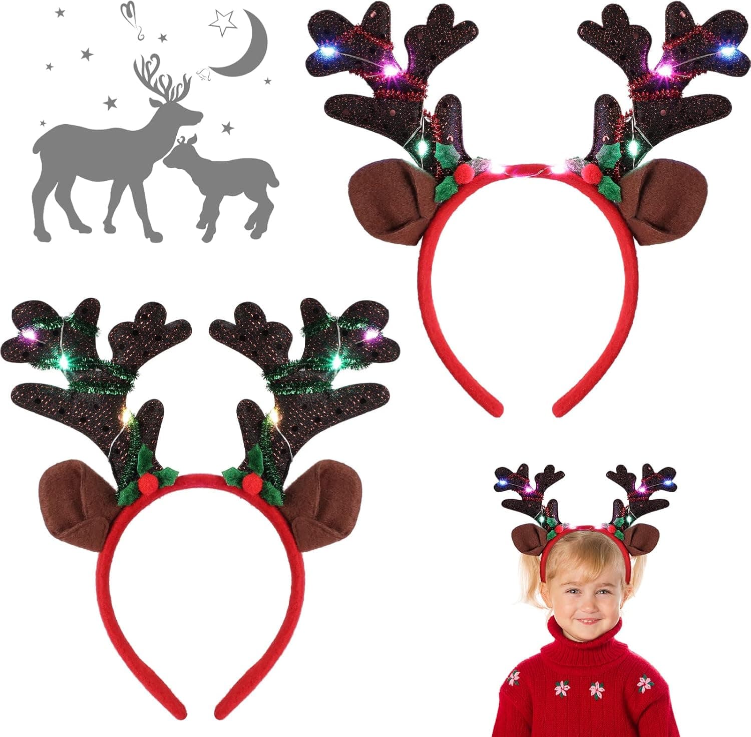 Luinabio 2 Pieces Christmas Headbands Glowing Costume Headwear Accessories Hair Hoop with 3D Designs for Holiday Party