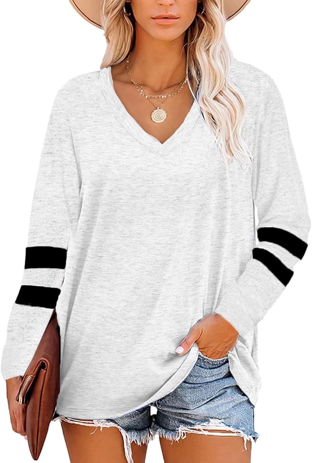 Cnkwei Womens Long Sleeve Round Neck Tunic Tops Basic Solid Color Casual Loose Shirts