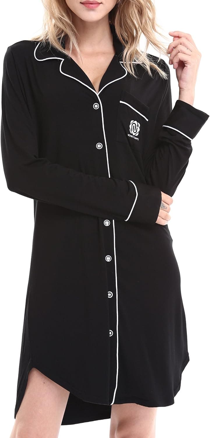 N NORA TWIPS Women's Nightgown Long Sleeve Sleepwear Knit Nightgown Soft Button Sleep Dress