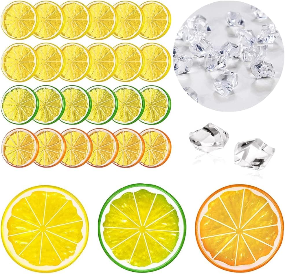 Hagao Fake Lemon Slice Ice Cubes Lime Slice Artificial Fruit Highly Simulation Lifelike Model for Home Party Decoration 24pcs Lemon Slices and 300pcs Ice Cubes