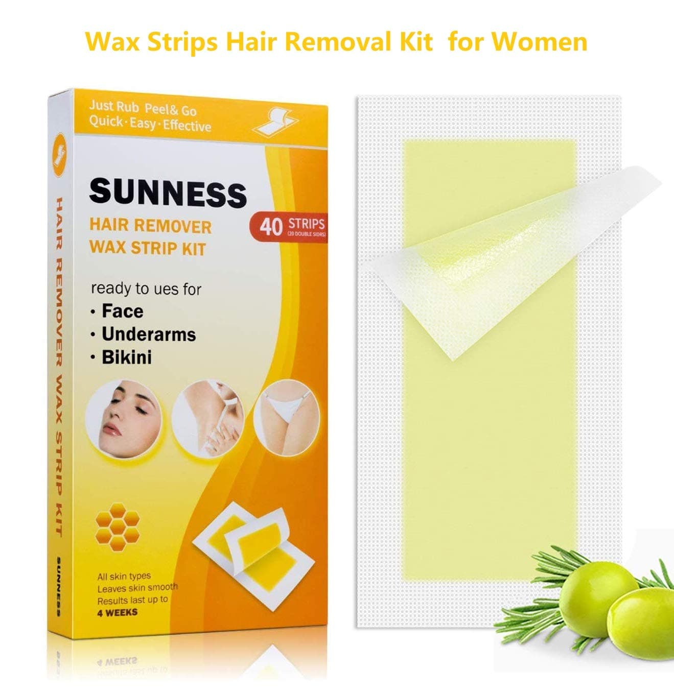 Wax Strips Hair Removal Kit Waxing Strips for Women Cold Waxing Strips Kit for Facial Hair Remover （40 STRIPS） (SUNESS Honey)