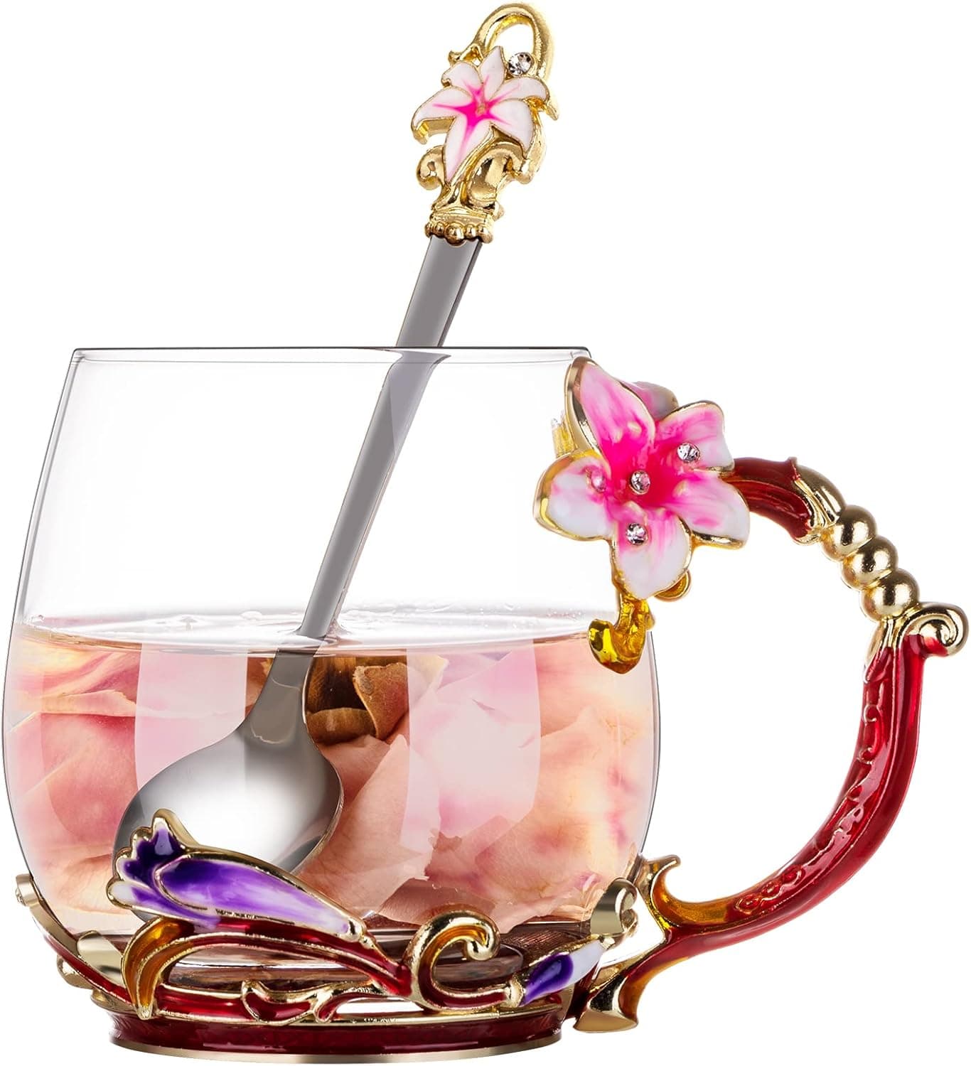 SHEEYEE Gift for Women Tea Cup Glass Enamel Lily Flower Coffee Mug with Spoon Tea Sets for Mother's Day Christmas Birthday