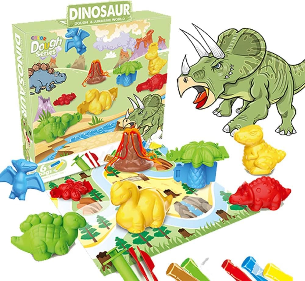 Deardeer 20 Pcs Dinosaur Play Dough Set Creativity DIY Pretend Toy Kit with Dough and Molds for Kids Boys