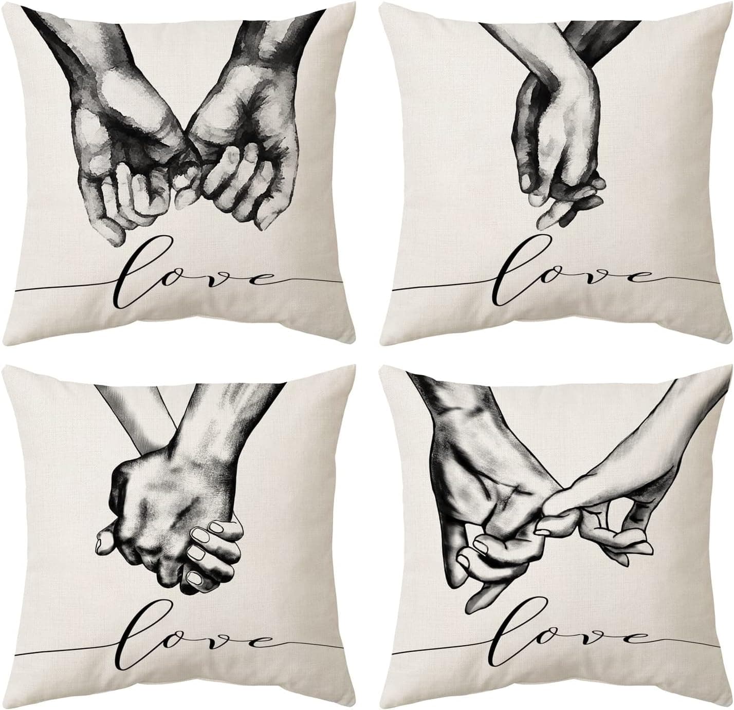 Love and Hand in Hand Decorative Pillows Covers 18x18 Set of 4 for Bedroom Decor Black and White Throw Pillow for Living Room Bed Couch Sofa Cushion, Modern Outdoor Pillows Covers for Home Decor