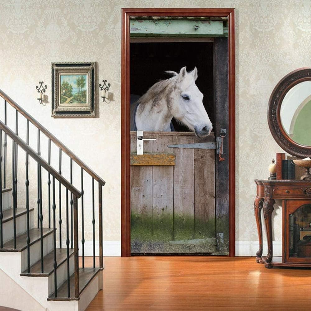 FFIKO 3D Animal White Horse Door Decal Door Stickers Decor Bedroom Livingroom Modern Art Door Mural Poster Removable Vinyl Door Wall Mural Door Wallpaper for Home Décor 30.3"X78.7"