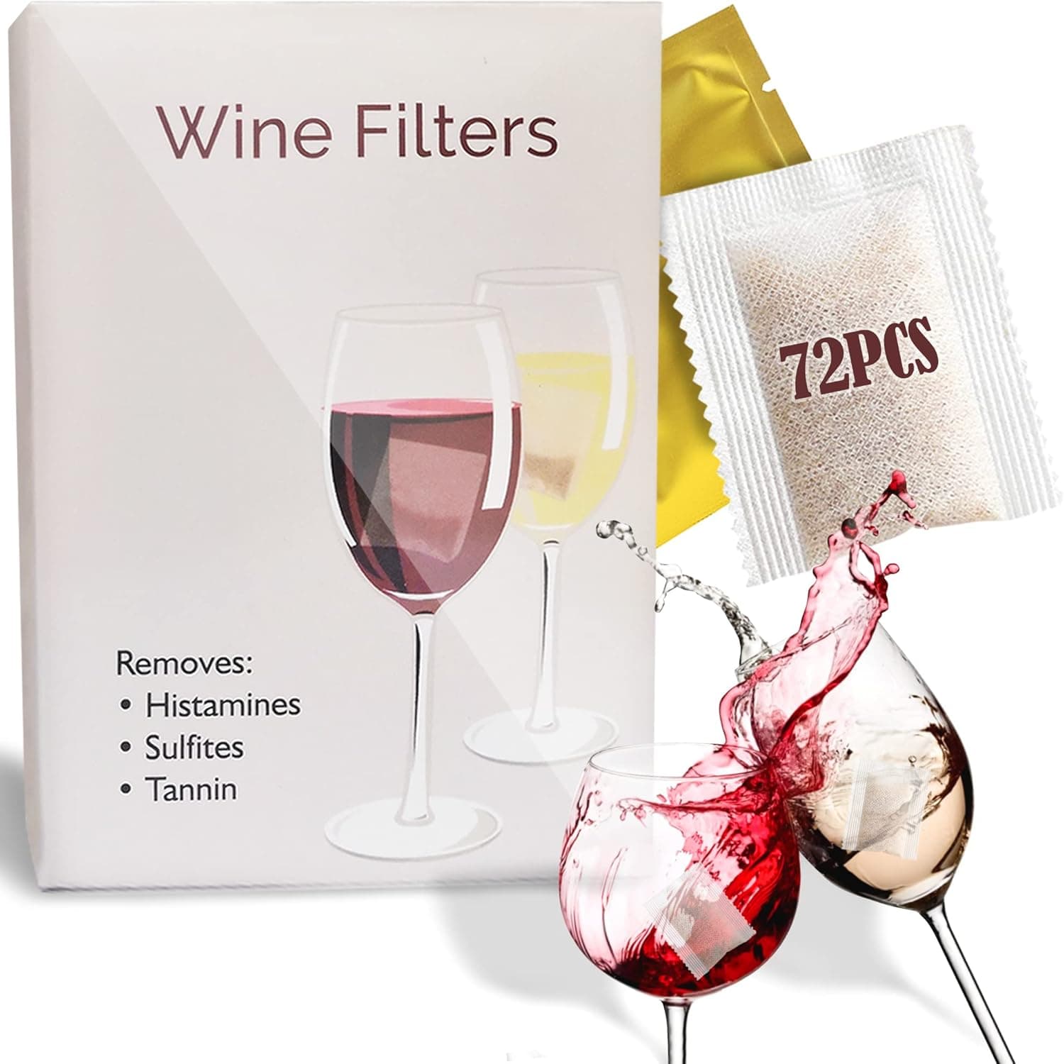 Allinko Wine Filters (72 Pack), Remove Sulfite Tannin and Histamines, All Natural Ingredients, Wine Allergy Sensitivity Prevention, Stop Wine Headaches Nausea