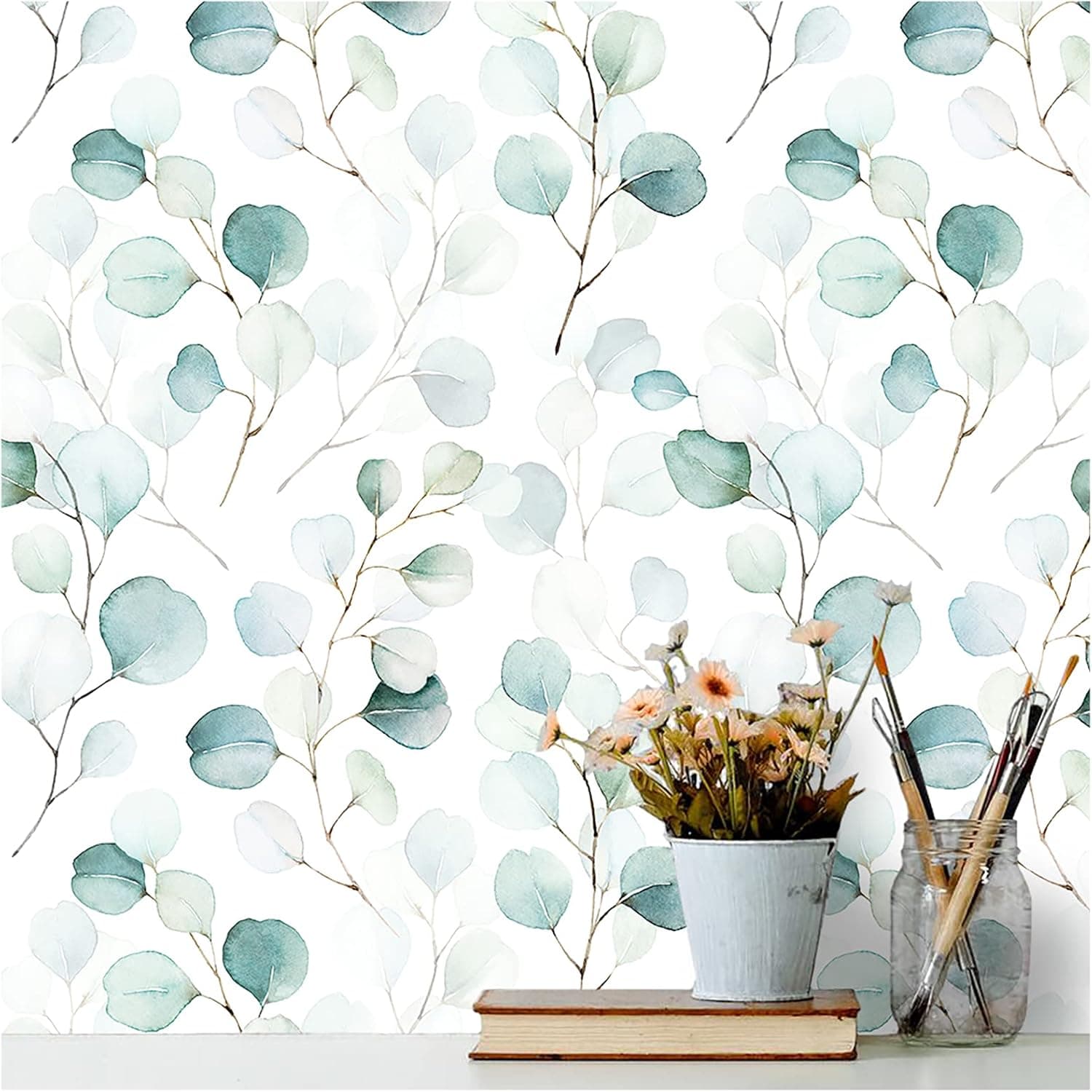 Floralplus Eucalyptus Leaf Peel and Stick Wallpaper Modern Vinyl Pasted Decorative Bedroom Bathroom Cabinet 17.7in x 118in Green