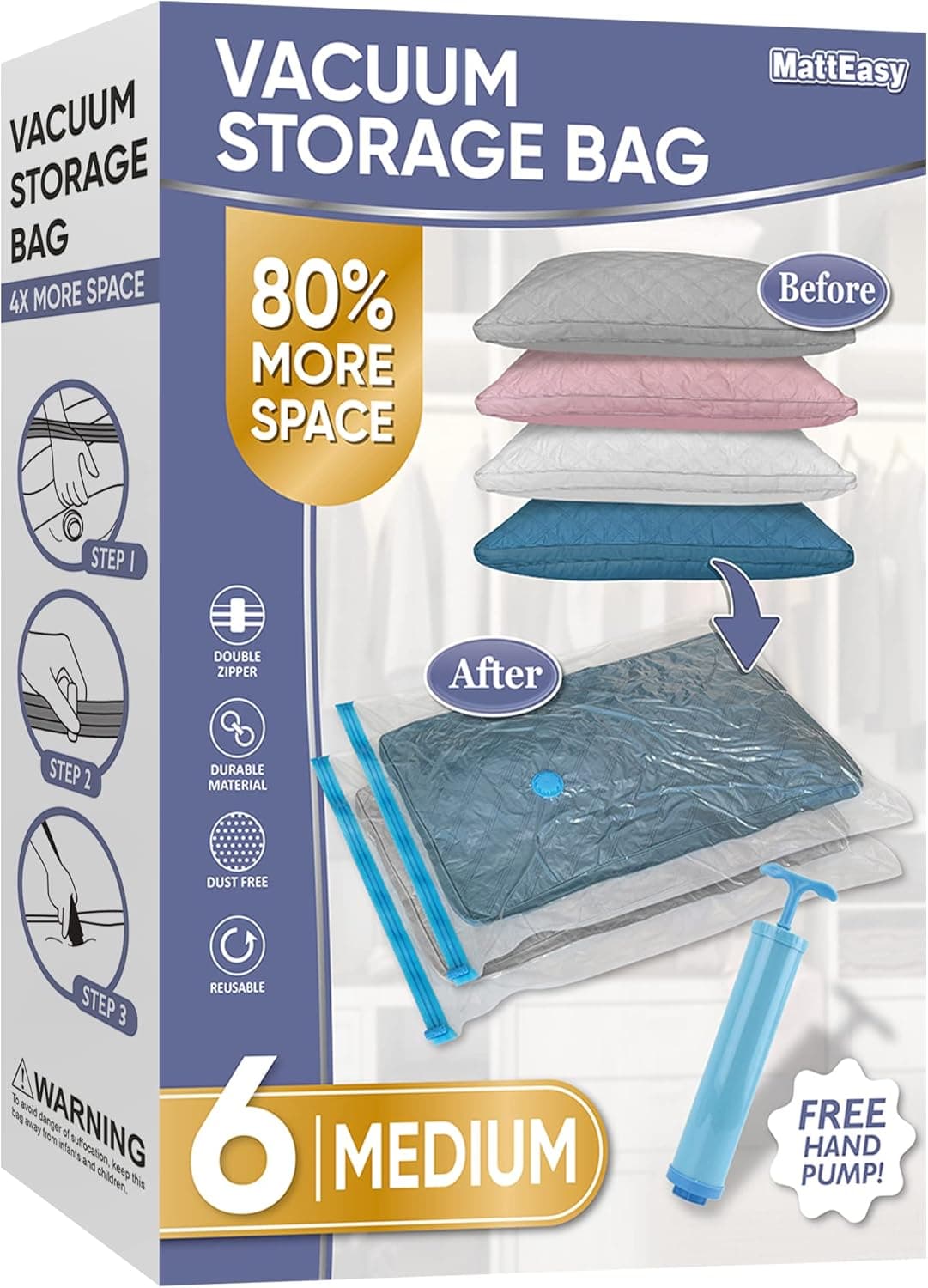 MattEasy Space Saver Vacuum Storage Bags, 6 Pack Space Saver Bags with Pump, Storage Vacuum Sealed Bags for Clothes, Comforters, Blankets, Bedding (6 Medium)