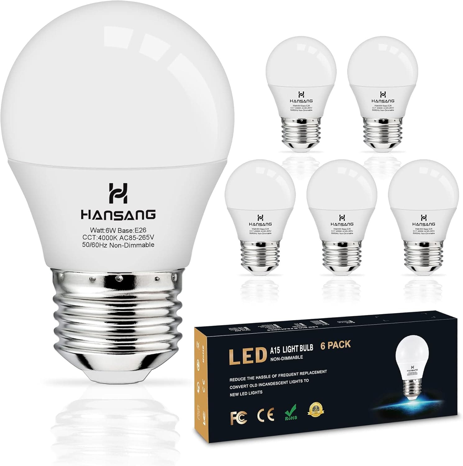 hansang E26 Ceiling Fan Light Bulbs, 4000K Natural Daylight, 60 Watts Equivalent, A15 LED Small Light Bulb, E26 Standard Base Refrigerator Light Bulb, 600lm, 120V, CRI85+, 120V, Non-Dimmable 6 Pack
