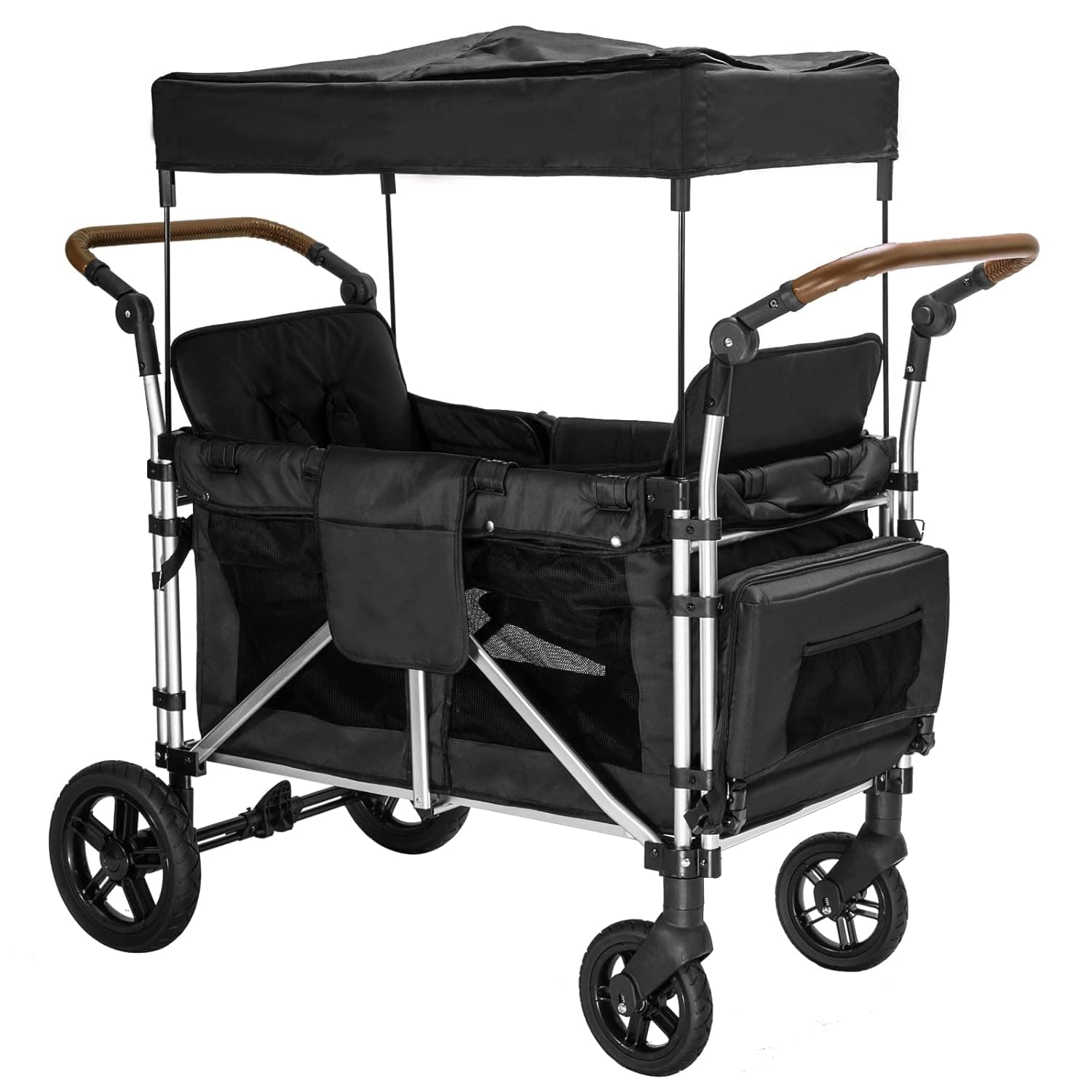 Stroller Wagon for 2 Kids, Wagon Cart Featuring 2 High Seat with 5-Point Harnesses and Adjustable Canopy, Foldable Double Push Bar Wagon Stroller for Garden, Stroller