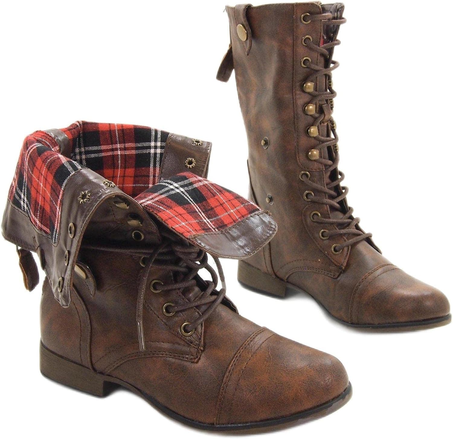 shoewhatever Legend8 Leatherette Military Combat Boot Lace Up Foldable Women New Shoe,Legend-8S Brown 7.5
