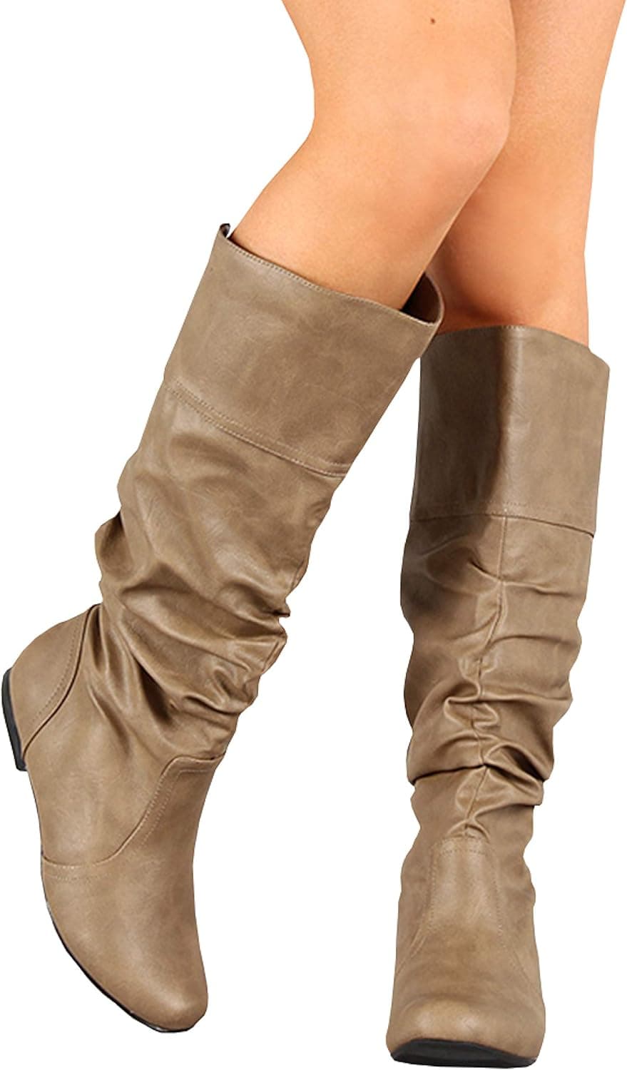 Womens Wide Calf Flat Boots Knee High Slouch Faux Leather Winter Boot