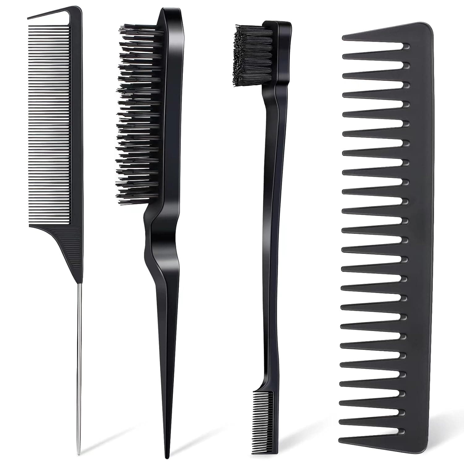 4Pcs Hair Brush Styling Combs Set, Anmieciu Bristle Hair Edge Brush, Teasing Brush Comb, Rat Tail Comb and Wide Tooth Comb for Women Girls Men Combing, Smoothing and Styling Hair (Black)