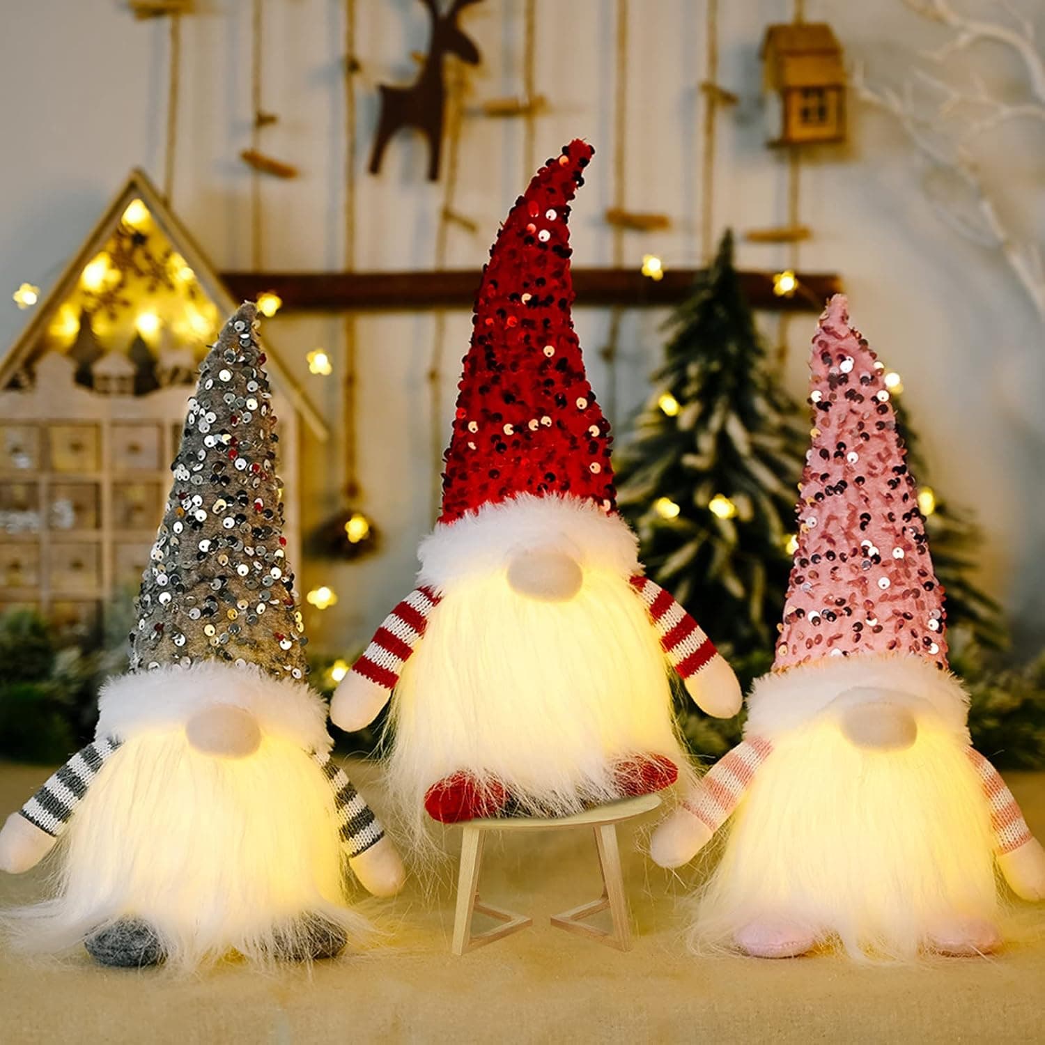 Sufdari Christmas Gnomes Decoration with LED Light 3PC,Handmade Swedish Tomte Xmas Plush Doll, Scandinavian Santa Elf Table Ornaments Collectible Figurine Santa Gnome Set for Home Decor Holiay Gifts