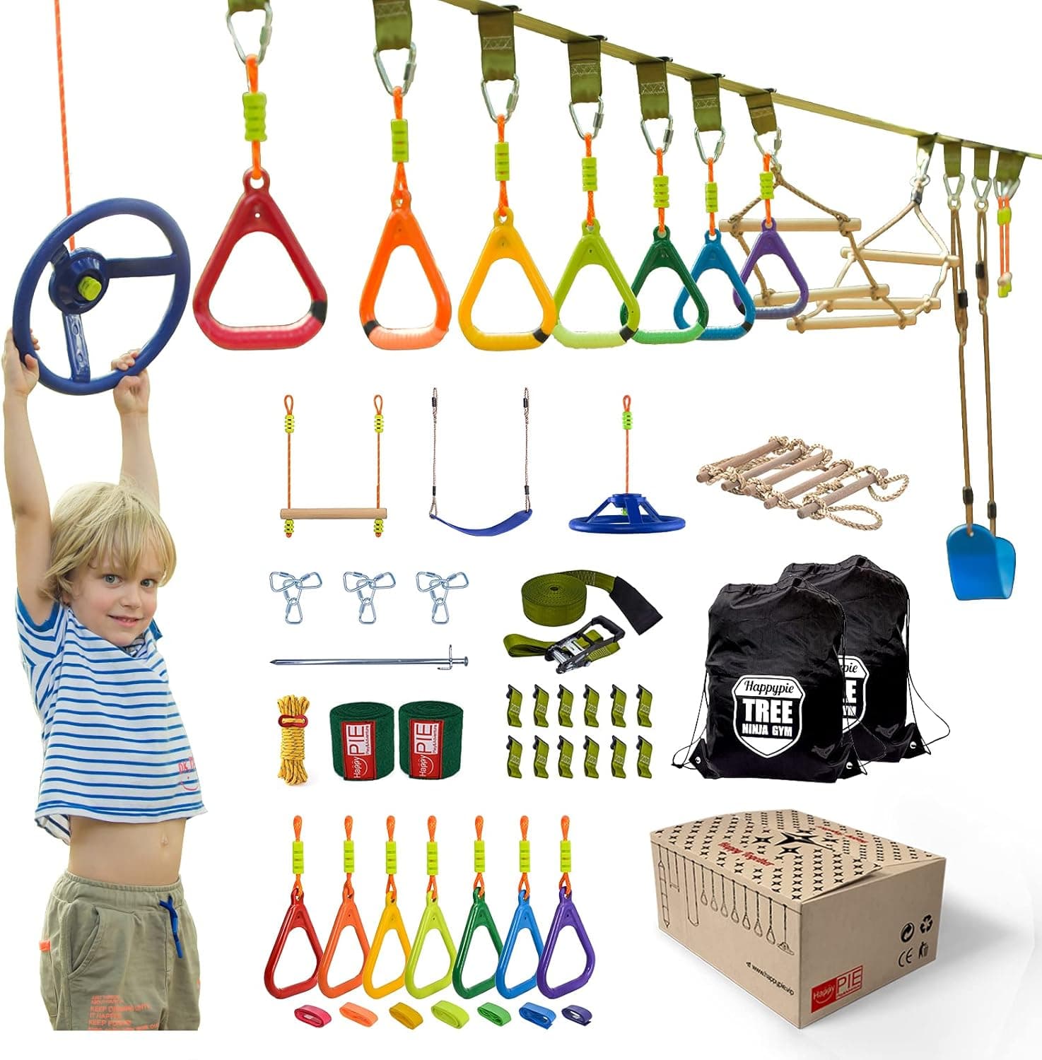 HAPPYPIE Ninja Warrior Obstacle Course Training Equipment for Kids, 46 FT Slackline with 11 Obstacles, Gymnastics Set Including Monkey Bars Zipline Swing Ninja Slackline for Backyard Boys Girls Age 6+