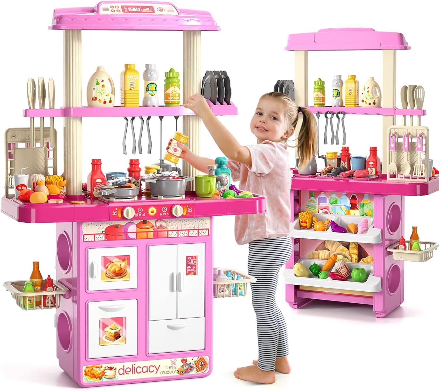 Lucky Doug Play Kitchen Set for Kids Toddlers Girls, 73PCS 2-in-1 Kids Kitchen Playset Includes Toy Kitchen Accessories for Pretend Play, Toddler Girl Toys Kitchen Playset Christmas Birthday Gifts