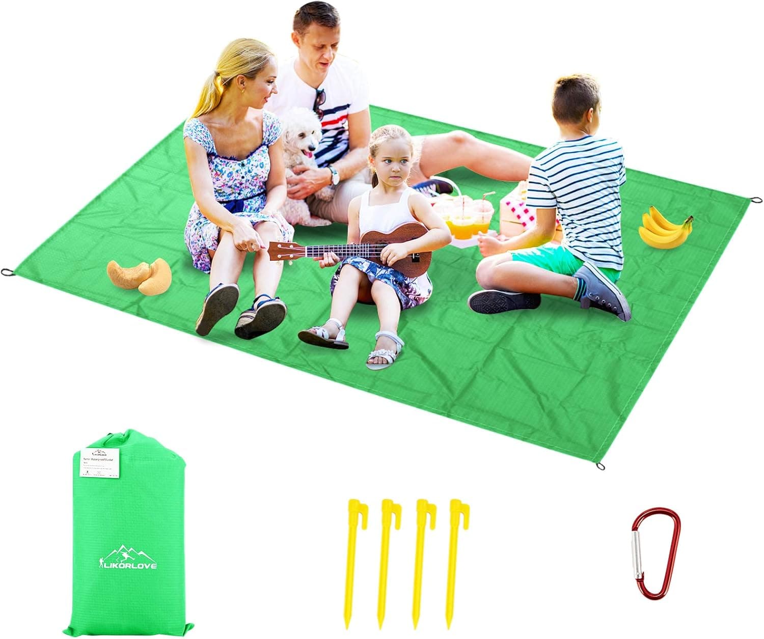 Likorlove Beach Blanket, 94"×80" Picnic Blankets Waterproof Sandproof 5-7 Adults Oversized Lightweight Portable Sand Free Quick Dry Mat for Travel Camping Hiking Compact Bag 4 Stakes+ 4 Corner Pockets