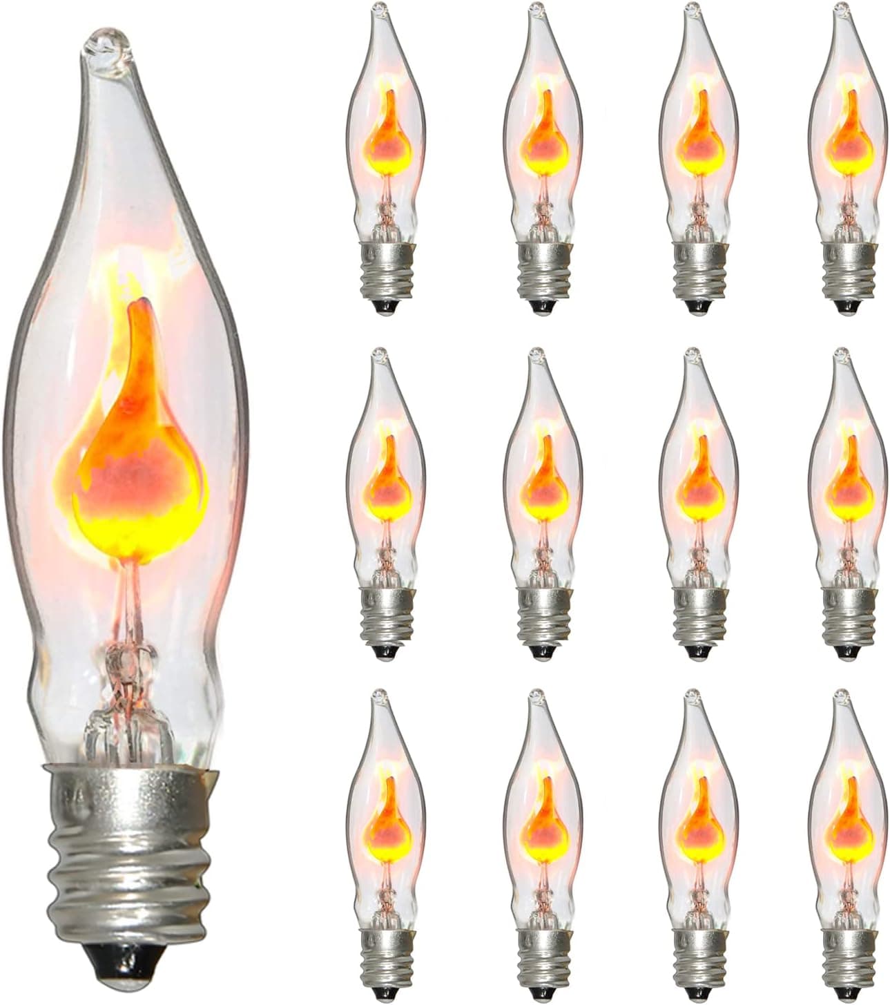 Konictom Flicker Flame Replacement Light Bulbs, C18 Clear Flame Shape Light Bulb, Flame Flickering Lights for Indoor Outdoor Halloween Christmas Party Decor, 1W, C7/E12 Candelabra Base, 12 Pack