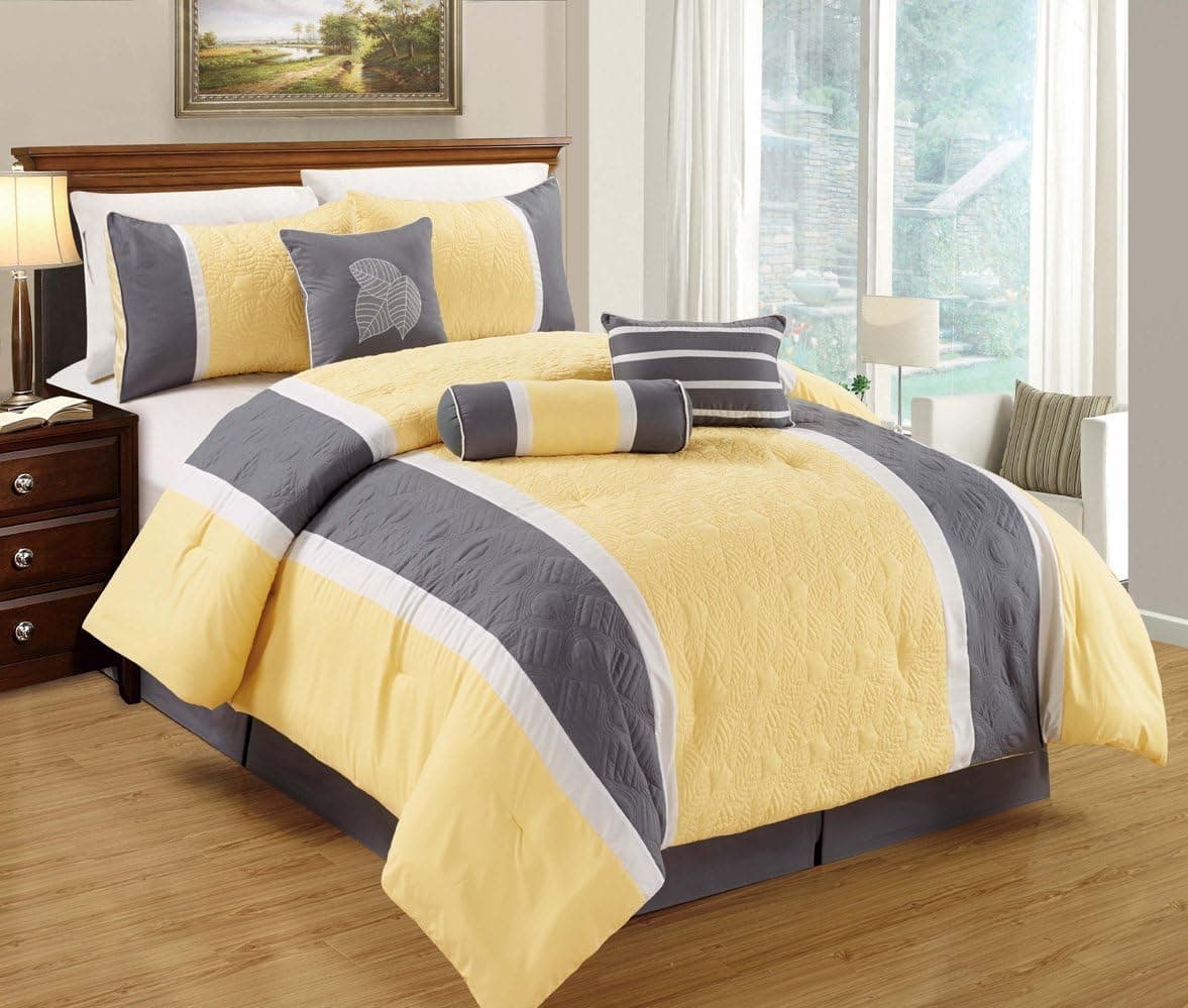 Leaf Applique Quilted Comforter Set Stripe Bed in A Bag Yellow, Grey and White King Size Bedding