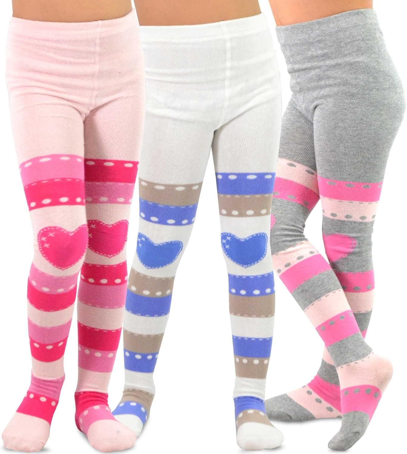 TeeHee Little Girls and Toddlers Fashion Tights 3 Pair Pack (18-24 Months, Stripe with Heart)