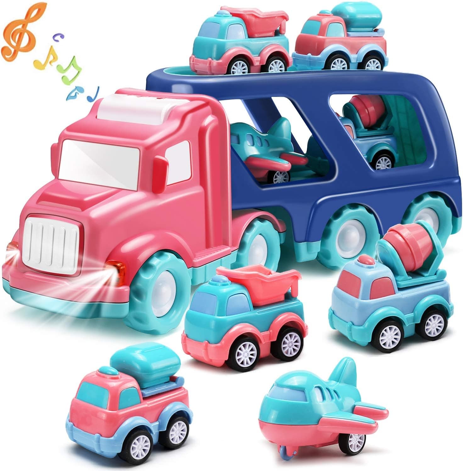 Transport Car Carrier Truck Set with Light and Sound, 5 in 1 Pink Double Deck Container Truck with 4 Mini Cartoon Pull Back Vehicle Construction Car, Gift Toy for Girl Toddler Kid Christmas Birthday