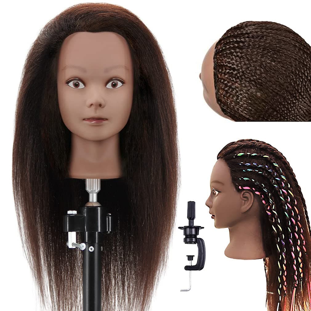 FABA 100% Real Hair Mannequin Head with Hair Doll Head for Hair Styling 20"-22" Cosmetology Doll Head Manikin Practice Head Hairdresser Doll Head for Dyeing Cutting Braiding with Clamp Stand
