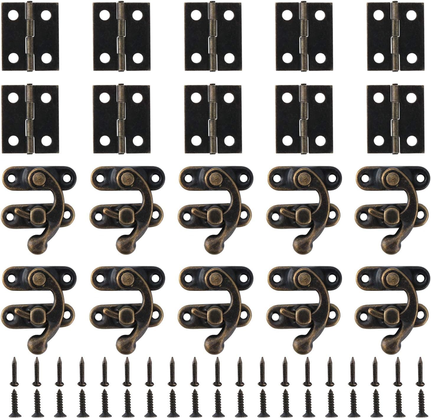 WiMas 80pcs Box Hinges and Latches Jewelry Box Hinges and 40 Sets Right Mini Antique Latchs Hook Hasp(Bronze Tone) with 480PCS Replacement Screws for Mini Wood Jewelry Box Decoration
