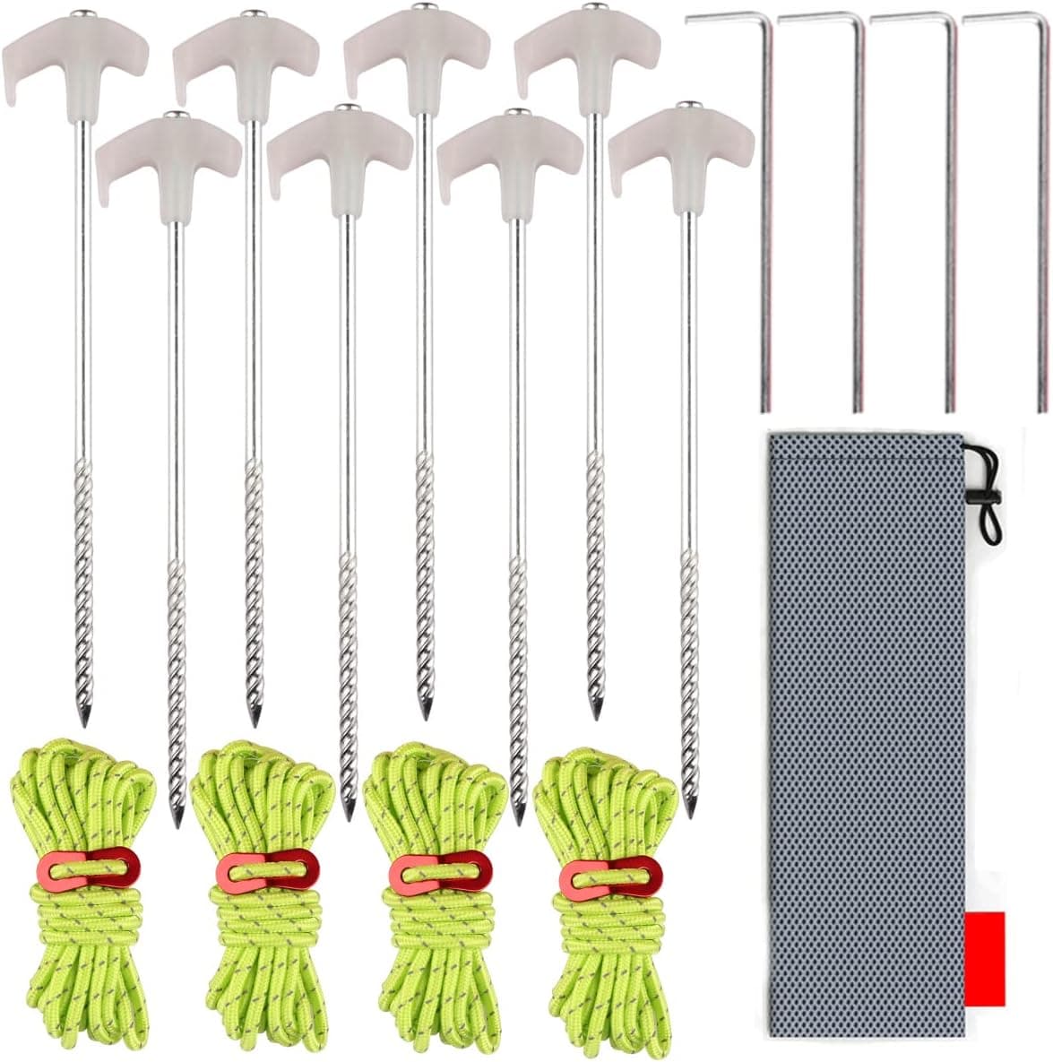 Tent Stakes, 9.8" Heavy Duty Glow-in-The-Dark Canopy Camping Pop-up Tent Stakes, Heavy Duty Metal Stakes for Gardening and Canopies, Outdoor Christmas Decorations, Rope Adjuster Storage Bag