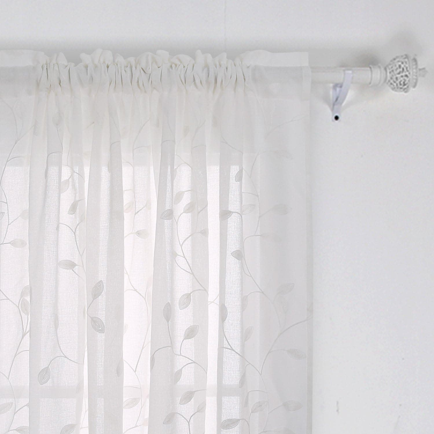 Deconovo Floral Embroidered Semi Sheer Curtains Leaves Patterned Faux Linen Rod Pocket Curtains for Bedroom 52x63 Inch Beige