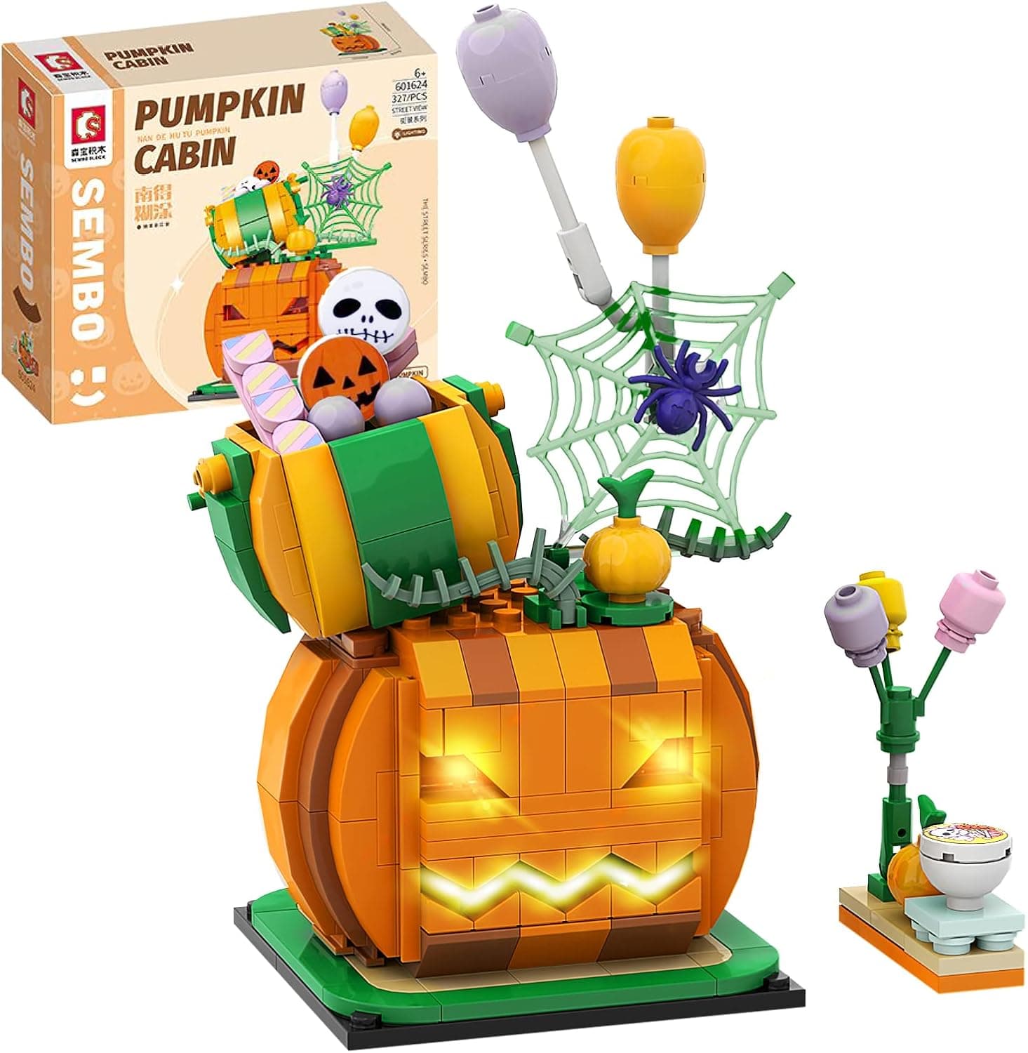 Halloween Pumpkin Cabin Building Toys 335 PCS, Compatible with Lego Halloween Set, Cute Building Kit Gifts for Kids Boys Girls 6-12 Year Old (with Lights)