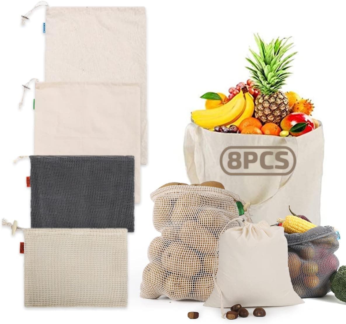 Reusable Produce Bags, 8 PCS Ecology Organic Cotton Produce Saver Bags Colorful Weight tag / Drawstring/ Washable / Heavy Duty / Food Storage / 2 Small 2 Medium 3 Large & 1 Tote bag