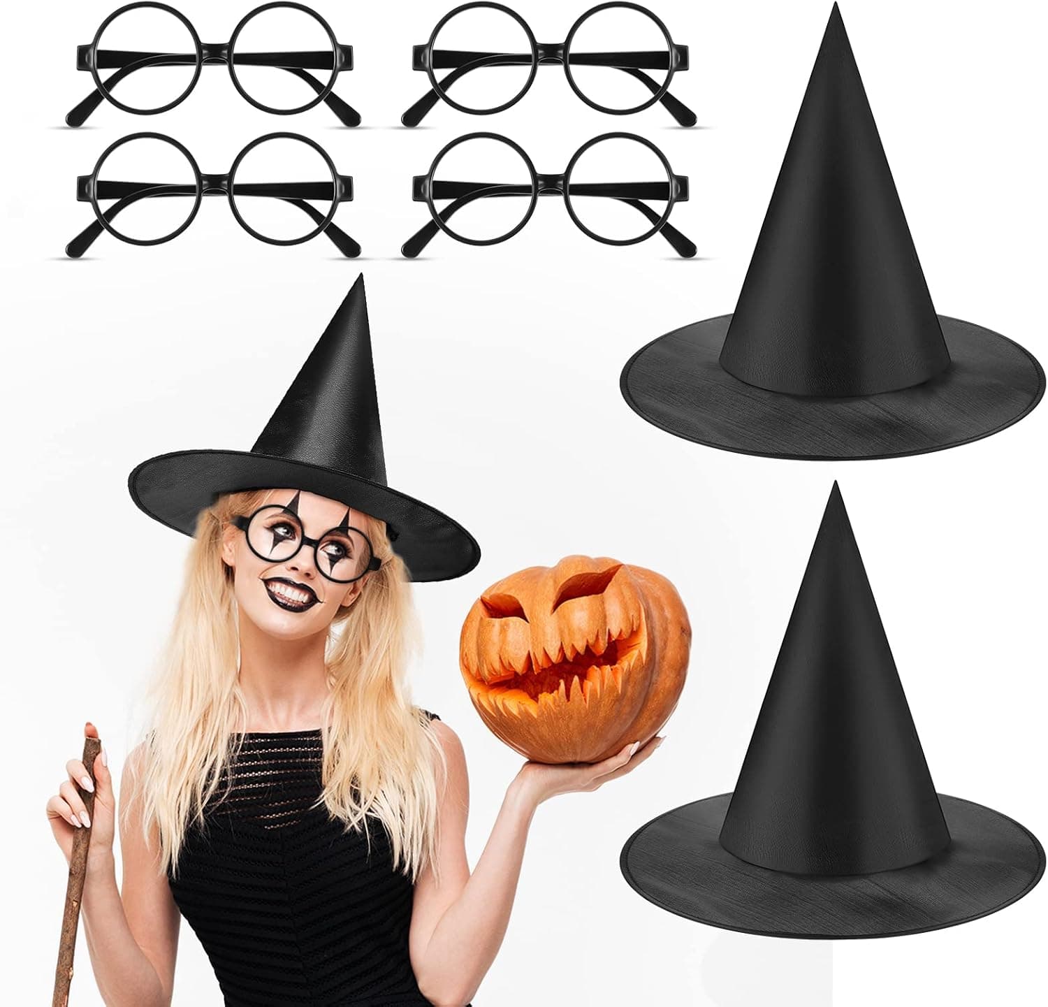 SATINIOR 2 Pieces Halloween Black Witch Hat and 4 Pieces Plastic Wizard Glasses Round Frame Glasses No Lenses for Kids Adults Halloween Witch stume Accessory Christmas splay Party Supplies