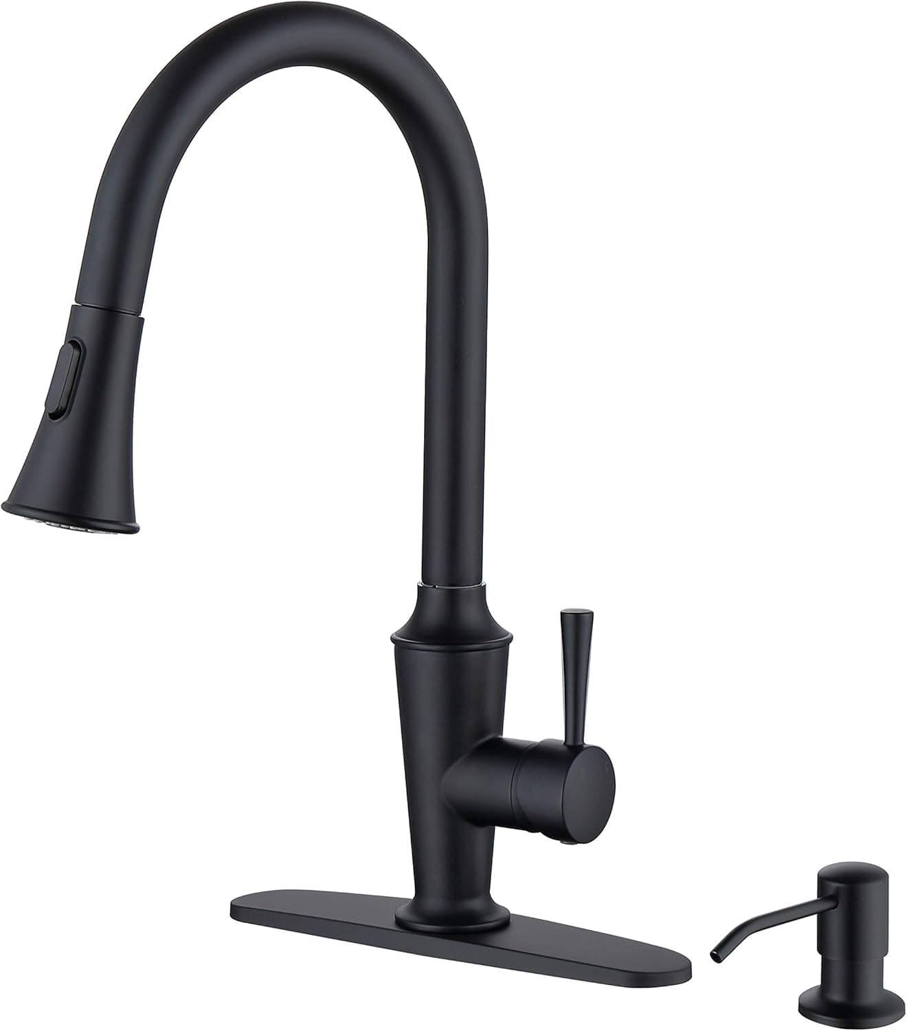RKF Pull Down Kitchen Faucet with Sprayer,Single Handle High ArcPull Out Spray Head Kitchen Sink Faucets with Deck Plate and Dispenser,Matte Black,198004/MB