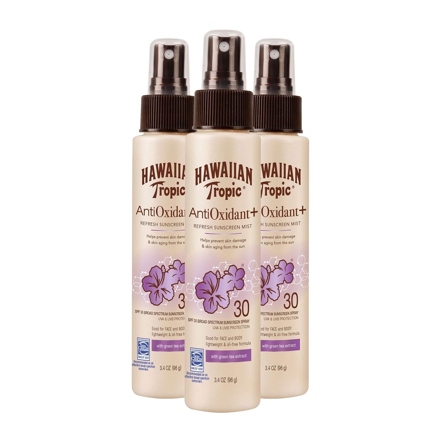Hawaiian Tropic Antioxidant Sunscreen Spray With Green Tea Extract, SPF 30, 3.4 Ounce, Pack of 3