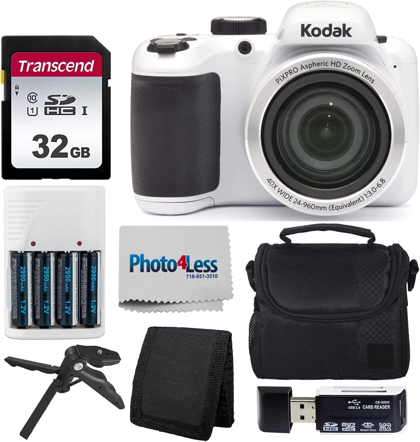 Kodak PIXPRO AZ401 Astro Zoom 16MP Digital Camera (White) + Point & Shoot Camera Case + Transcend 32GB SD Memory Card + Rechargeable Batteries & Charger + USB Card Reader + Table Tripod + Accessories