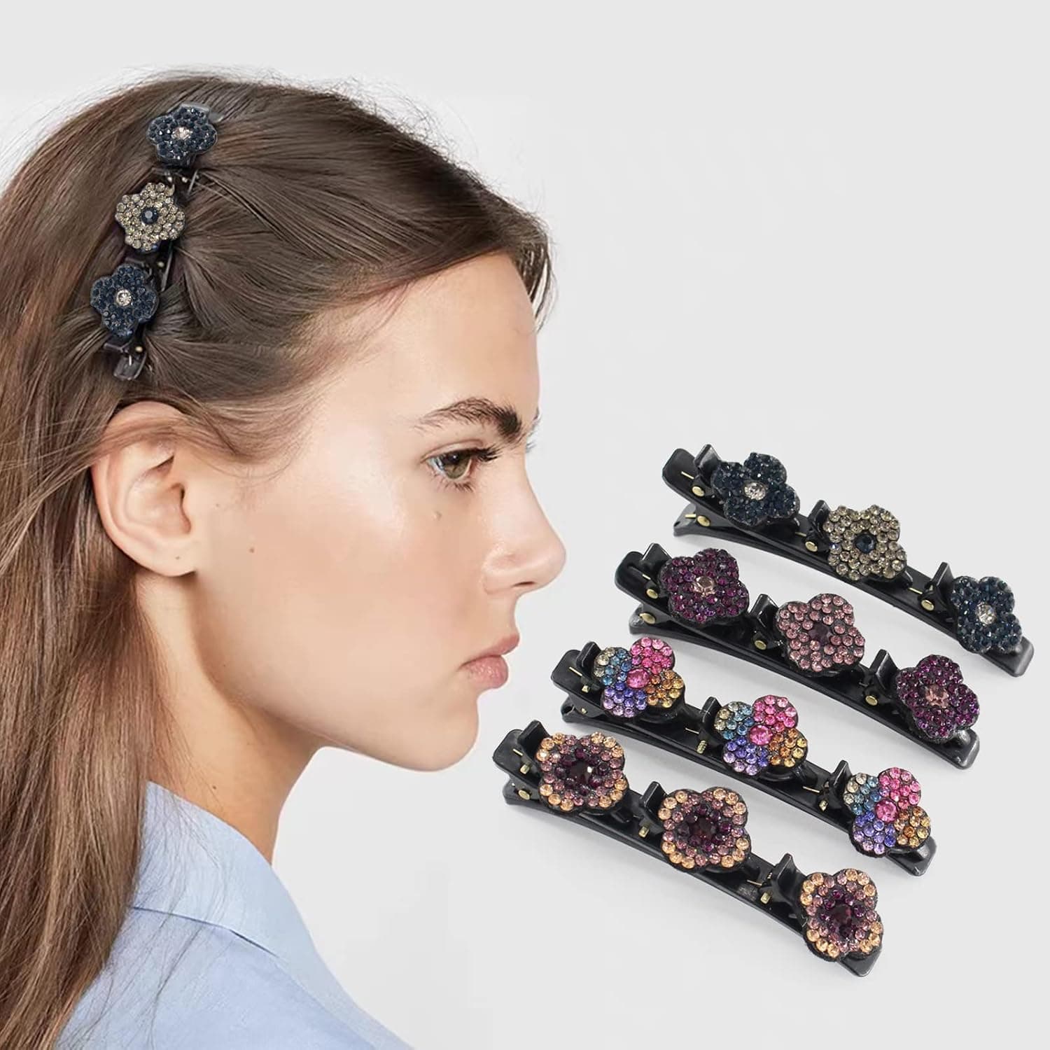 Braided Hair Clips for women, Satin Fabric Hair Bands, Sparkling Crystal Stone, Rhinestone Hair Clips, Braided Hair Clip with Rhinestones for Girl 4 Pcs (4 Color)