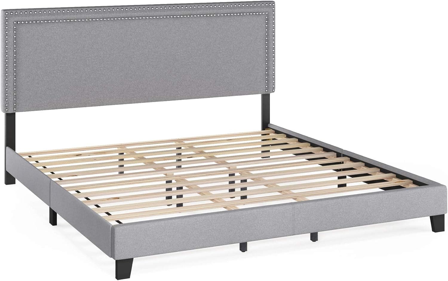 Furinno Laval Double Row Nail Head Upholstered Platform Bed Frame, King, Glacier