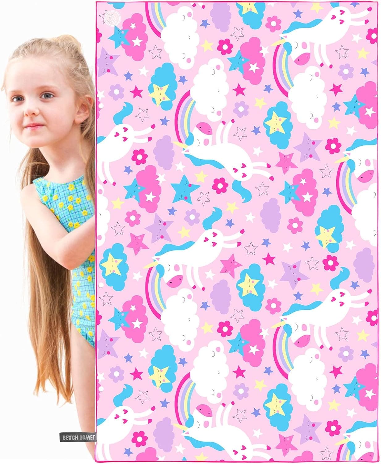 AOOGD Microfiber Beach Towel for Kids Pony Pink, 51" x 31" Quick Dry Absorbent Bath Towel, Portable Travel Towel with Buttons and Elastic Band,Swim Picnic Camping Towel for Girls