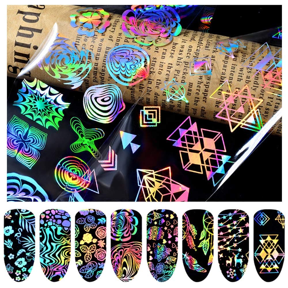 8PCS Nail Foil Transfer Sticker, Kalolary Holographic Starry Sky Glass Pieces Paper Nail Art Stickers Nail Art Decals Tips Wraps Foil Transfer Adhesive Glitters Acrylic DIY Nail Decoration