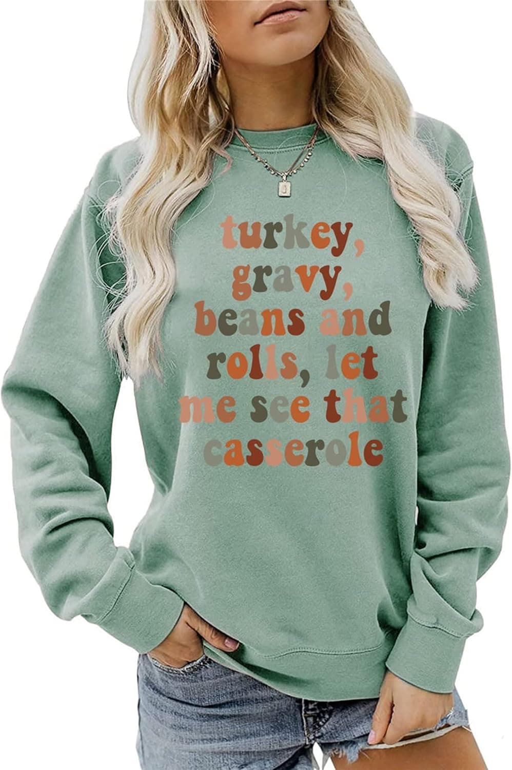 HHLLEOJK Thanksgiving Sweatshirt for Women, Turkey Gravy Beans Pullover Tops Crew Neck Long Sleeve Graphic Shirts for Gift