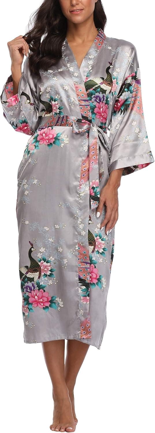 WitBuy Women's Nightgown Bathrobe Long Kimono Floral Robes for Party Satin Peacock Printed Silky Lightweight Loungewear