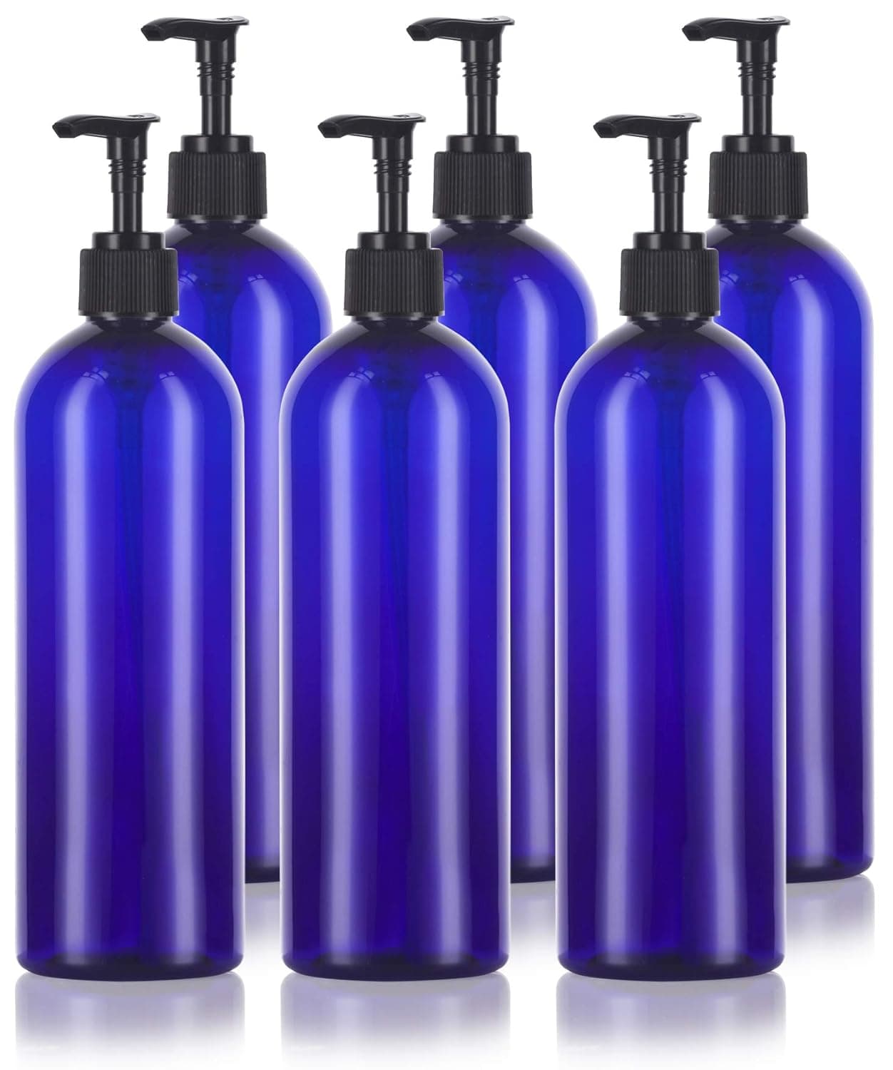 16 oz / 500 ml Cobalt Blue Slim PET Plastic Bottles (BPA Free) with Black Lotion Pump (6 pack)