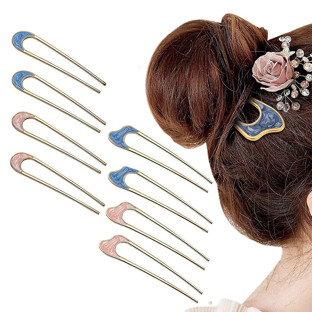 8 Pcs French Hair Pin Hair Accessories For Women Thick Hair U-Shaped Hair Pins Metal Vintage Hair Sticks Bride Hair Accessories Hair Pins Clip Vintage Hair Stick for Women Girls Hairstyle Accessories Pink/Blue Marble