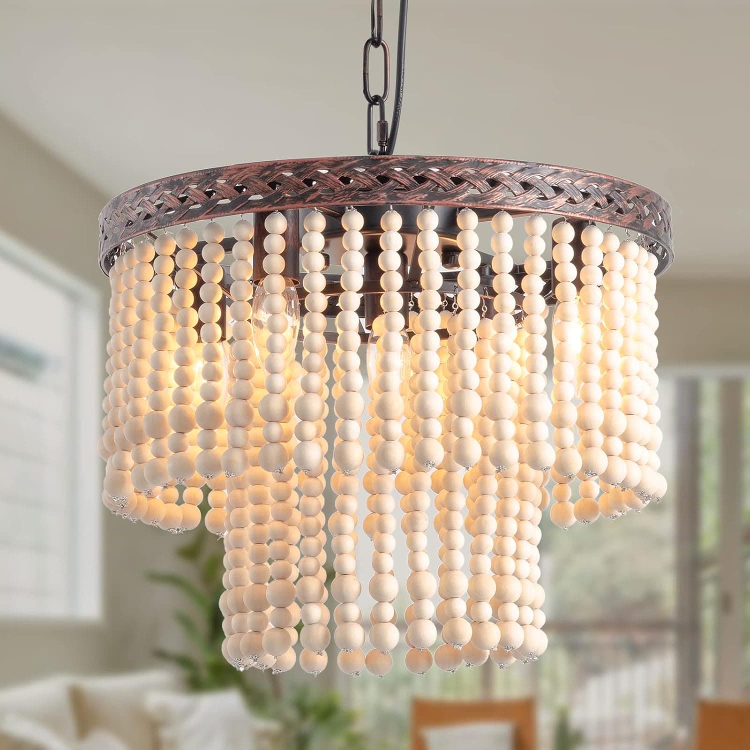 16" Large Farmhouse Wood Bead Chandelier, 5-Light Rustic Boho Beaded Pendant Hanging Light, Convertible Vintage Semi Flush Mount Ceiling Light Antique Fixture Red Bronze Finish for Kitchen Dining Room