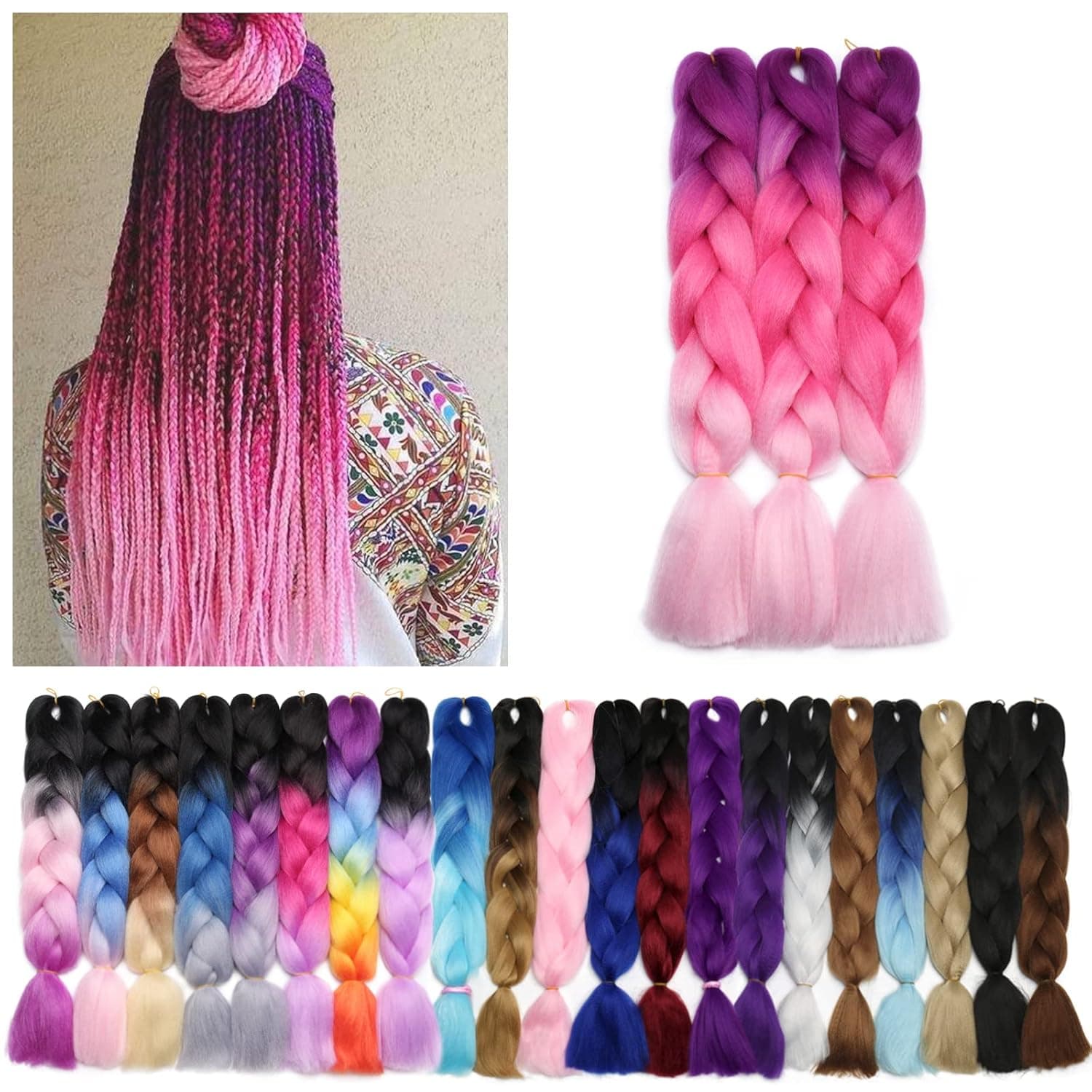 Benehair Ombre Braiding Hair 3 Bundles/lot 24inch Jumbo Braiding Hair Extensions High Temperature Synthetic Braid Hair Braiding Hair Pre Stretched Braid Extensions (Purple+Rose Red+Pink)